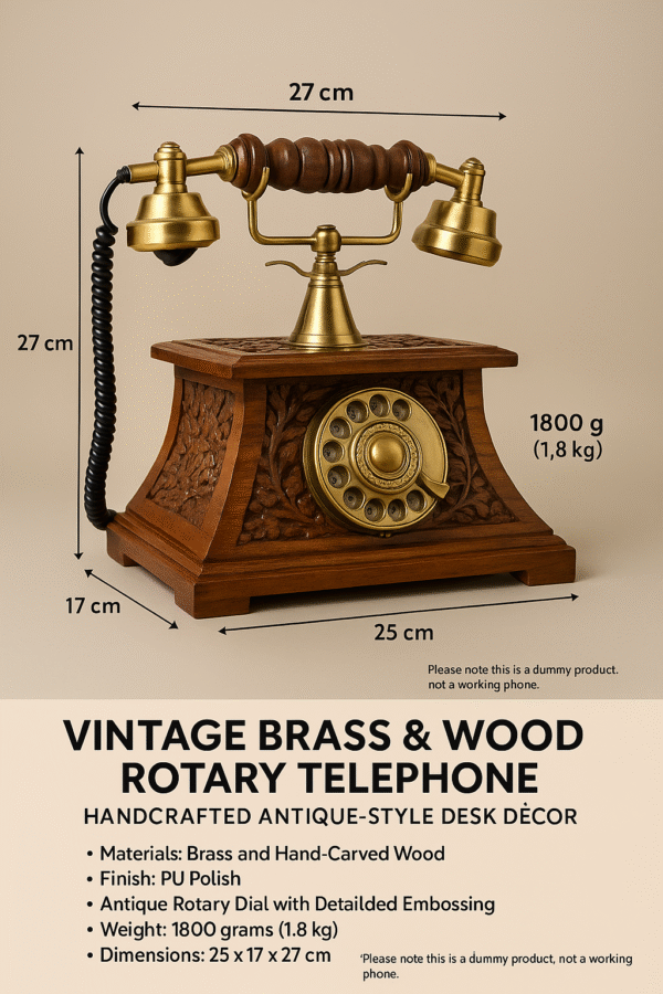 Vintage Brass and Wood Rotary Telephone (Dummy) – Exclusive Handcrafted Antique-Style Desk Décor - Image 2