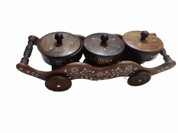 Handcrafted Wooden Dry Fruit Container with Decorative Cart – Traditional Serving Set & Gift - Image 2