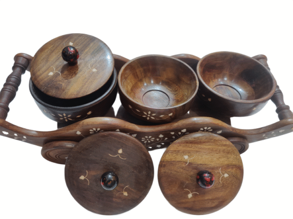 Handcrafted Wooden Dry Fruit Container with Decorative Cart – Traditional Serving Set & Gift - Image 4