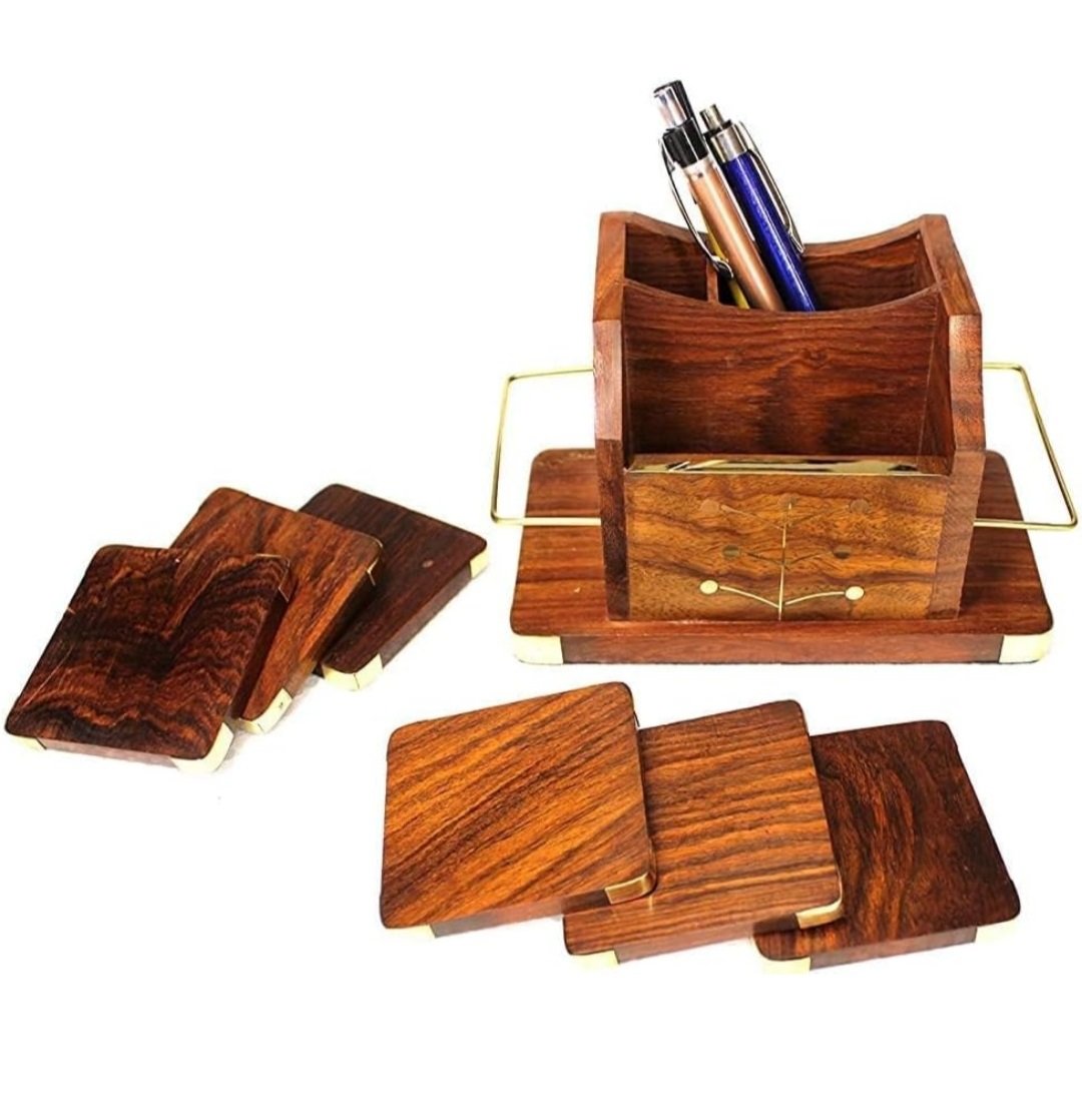 Wooden Desk Organizer with Brass Inlay