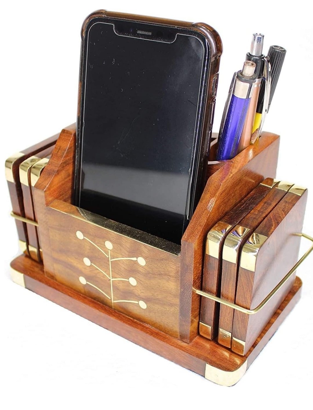 Handcrafted Wooden Desk Organizer with Brass Inlay | Multi-Purpose Signature Stand for Pens, Remotes & Accessories - Image 3