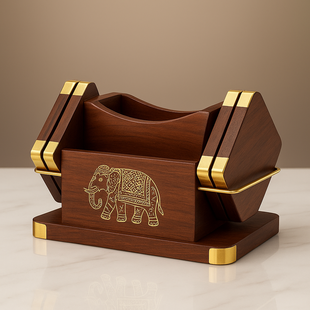 Wooden Desk Organizer with Brass Inlay