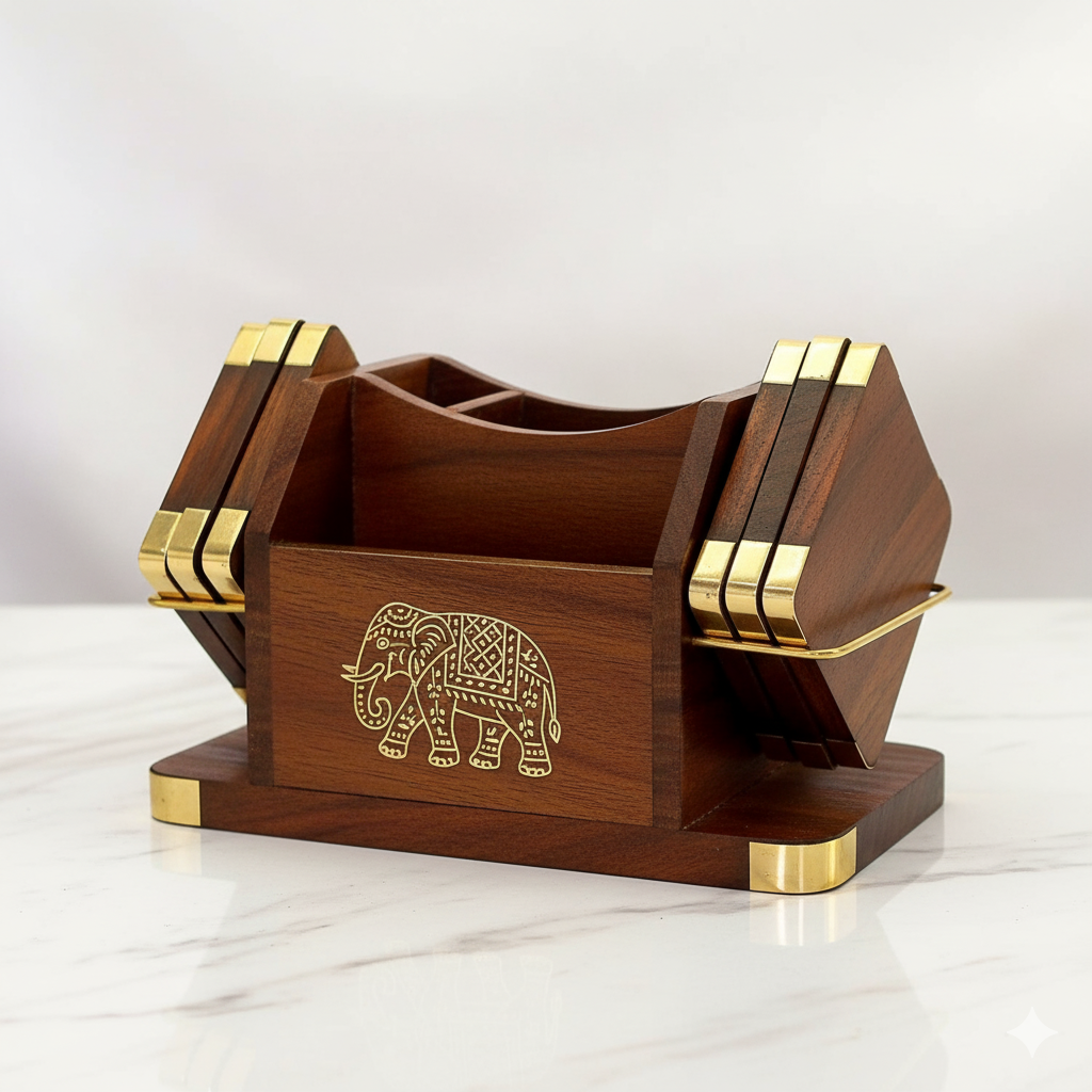 Handcrafted Wooden Desk Organizer with Brass Inlay | Multi-Purpose Signature Stand for Pens, Remotes & Accessories - Image 2